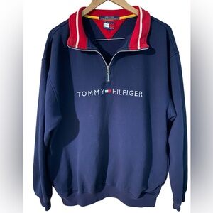 Vintage 90s Tommy Hilfiger Mens Large Blue Sweatshirt 1/4 Zip Pullover
